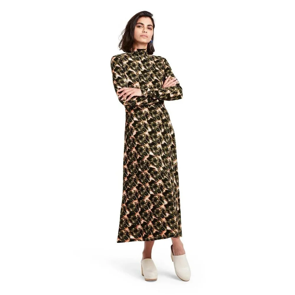 Rachel Comey Black and Beige Abstract-Print Long-Sleeve Midi Dress - Picture 1 of 12